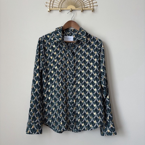 The Shirt Rochelle Behrens Button Front Small Geometric Print Green Gold - Picture 1 of 7